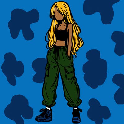 girl in baggy pants crop top and long hair