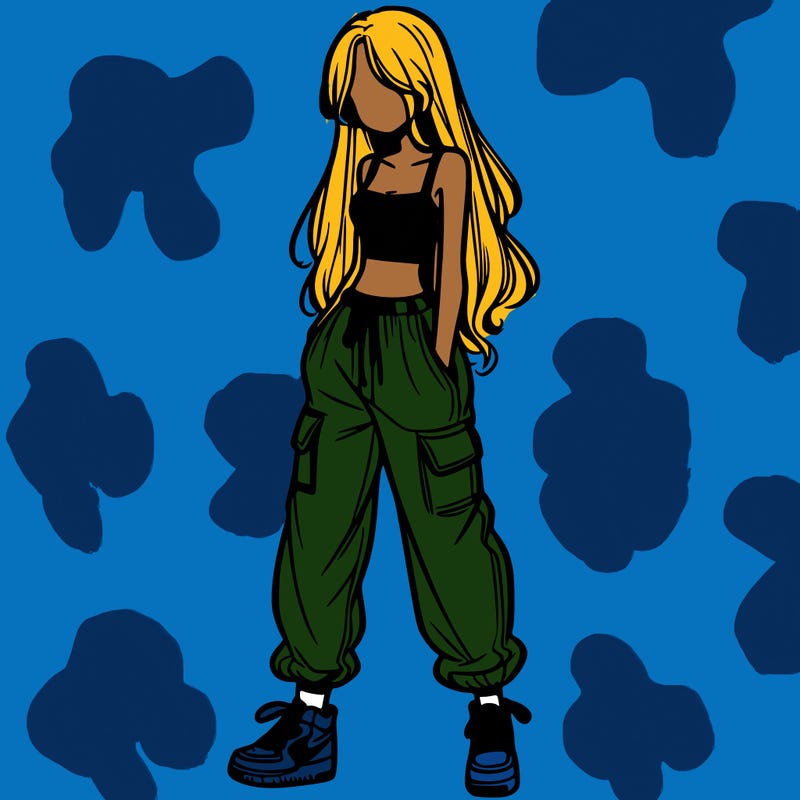 girl in baggy pants crop top and long hair