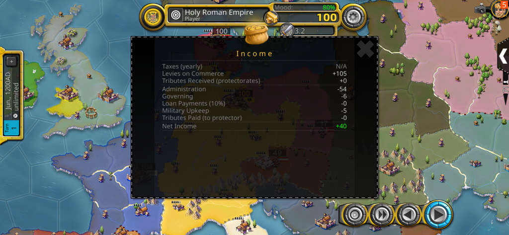 Écran de gestion économique dans Age of Conquest IV montrant les revenus et les dépenses sur une carte de l'Europe.