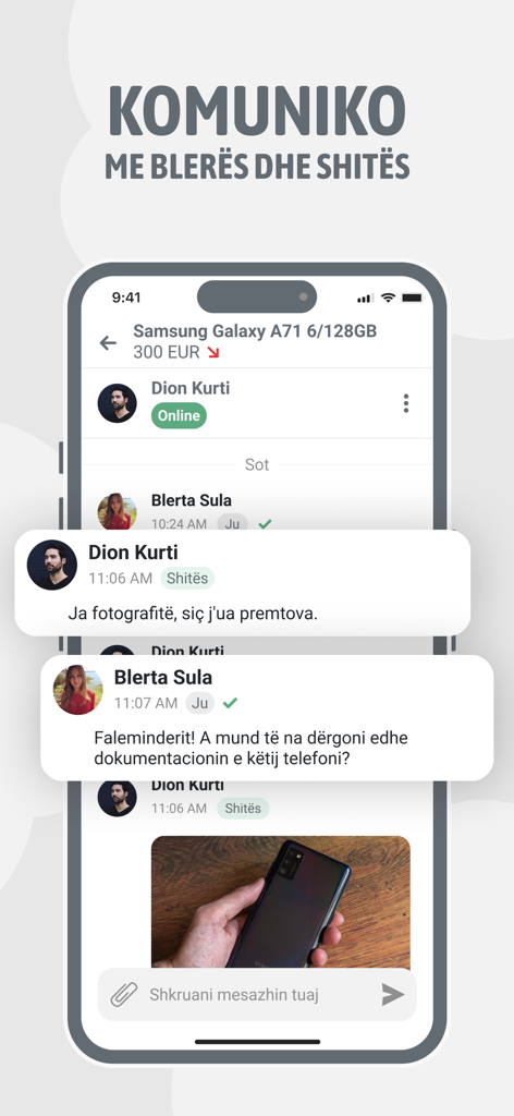 MerrJep Albania - A mobile phone screen showing a chat interface for buyers and sellers on the MerrJep Albania app