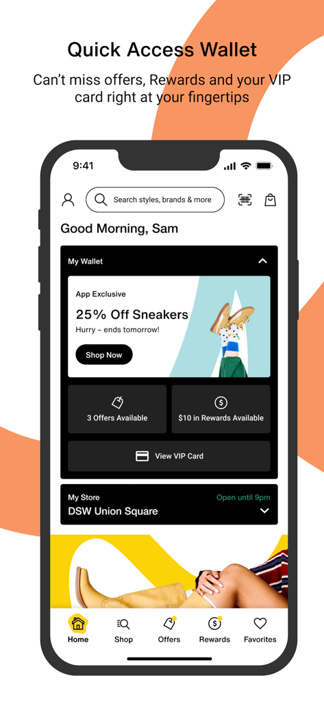 DSW Designer Shoe Warehouse - DSW mobile app home screen showing the quick access wallet with rewards points and a sneaker discount offer