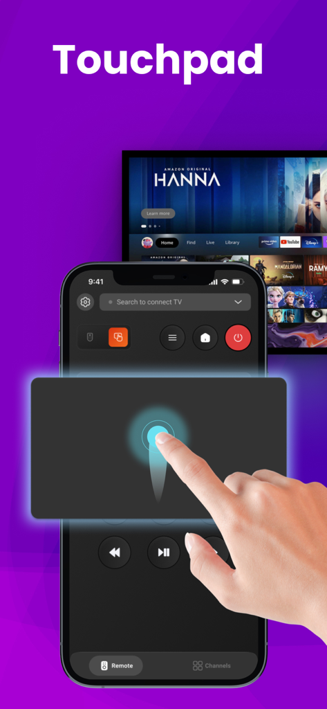 Universal Control TV Remote - Smartphone-App zeigt eine Touchpad-Oberfläche zur Steuerung eines Smart TV.