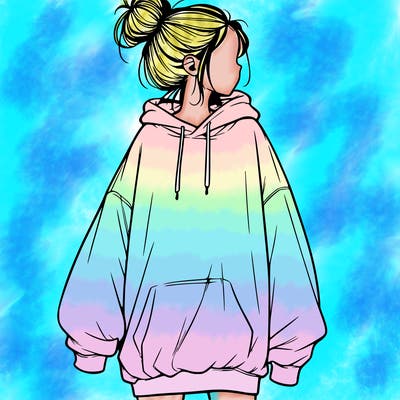 realistic girl with a oversized sweatshirt on and a bun