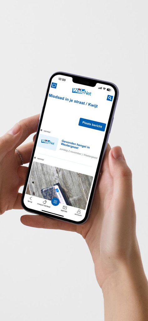 WâldNet - A smartphone screen showing the WaldNet app with local news and community lost and found listings in Friesland