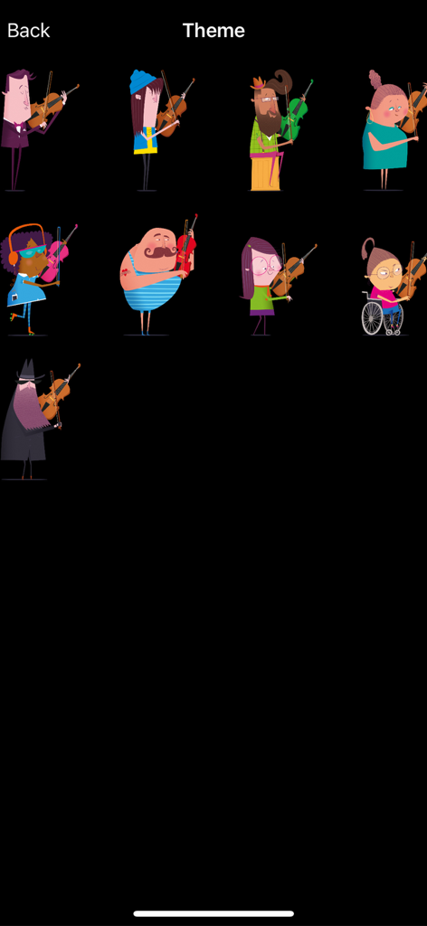 ABRSM Violin Practice Partner - A selection of nine diverse virtual cartoon characters for violin practice.