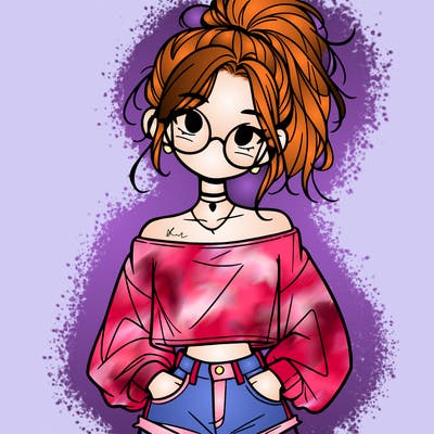 girl with a messy ponytail glasses a baggy crop top and jean shorts