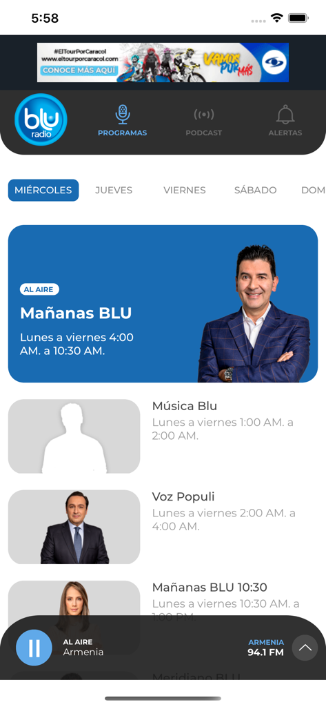 BLU Radio - Interface do aplicativo móvel BLU Radio mostrando uma lista de programas de rádio e a programação de transmissão ao vivo