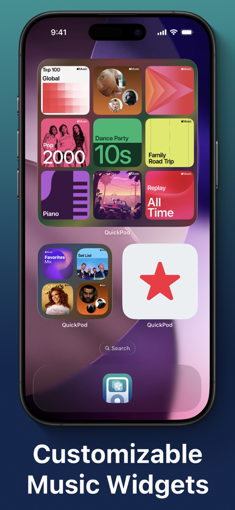 QuickPod - Music Widgets - A collection of customizable music widgets on an iPhone home screen showcasing various playlists and artists