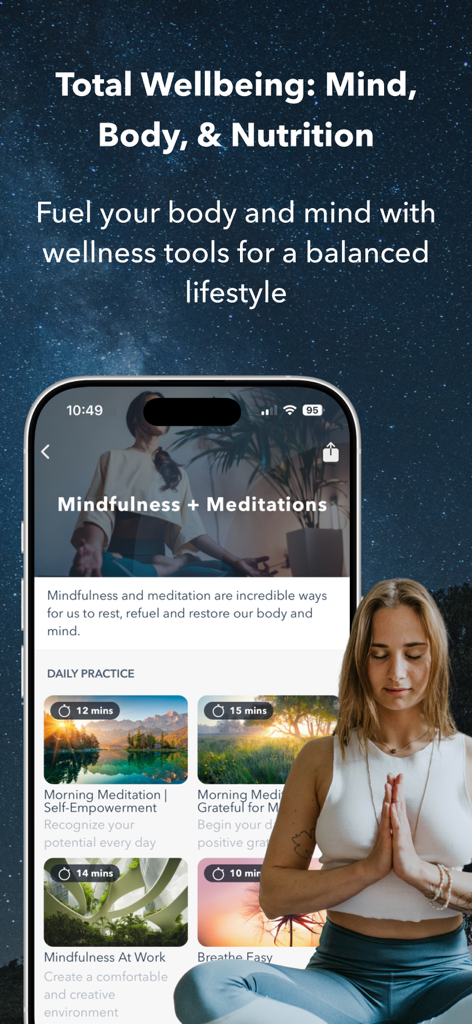 Sworkit app interface showing daily mindfulness and meditation practices for mental health and total wellbeing