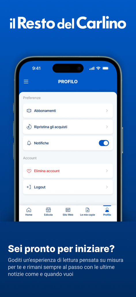 Tela de perfil do usuário e configurações de conta do aplicativo de notícias il Resto del Carlino.