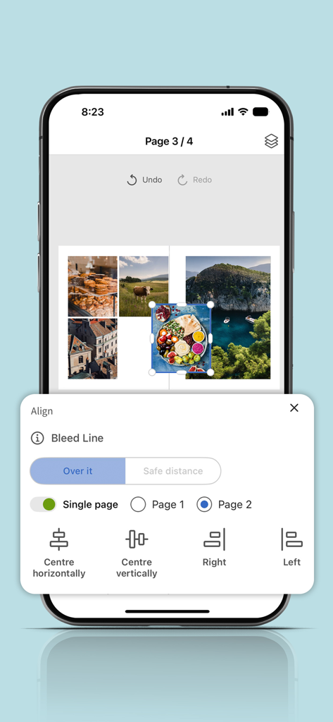 Saal Digital - Saal Digital app interface showing professional photo book design tools for image alignment and bleed line settings on iPhone.