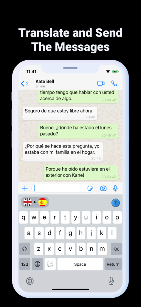Translate Keyboard for Chat - A smartphone screen showing an English to Spanish translation keyboard integrated into a chat app.