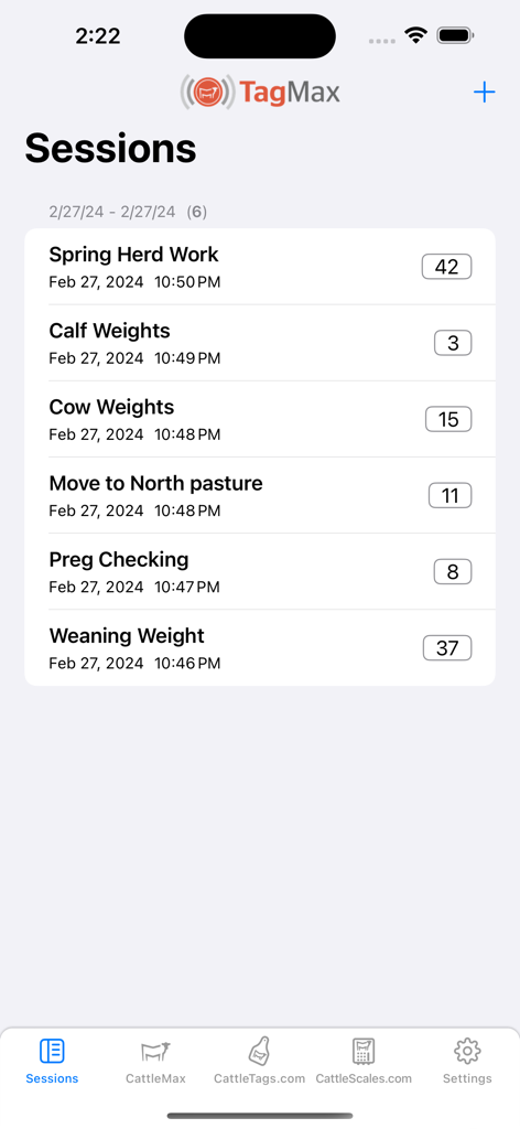 TagMax app sessions screen displaying a list of livestock management activities including calf weights and herd work