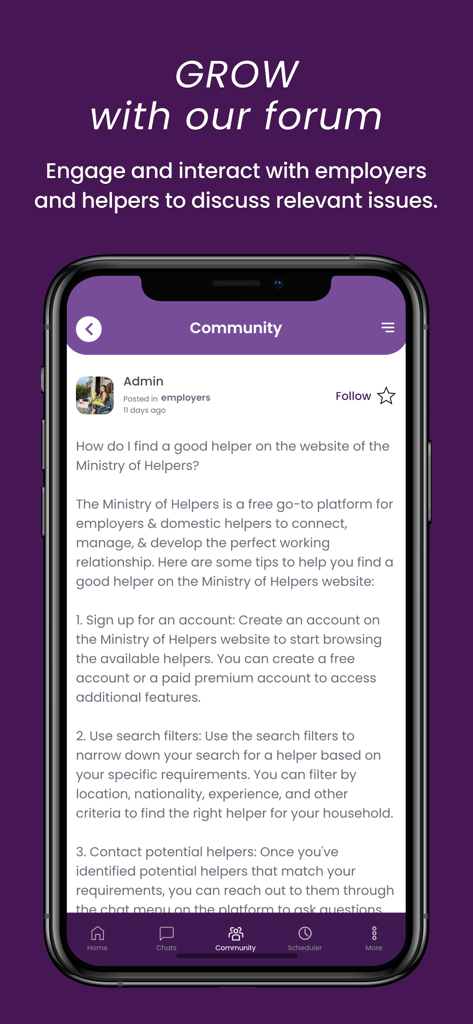 A screenshot of the Ministry of Helpers app community forum where users discuss household management and hiring.