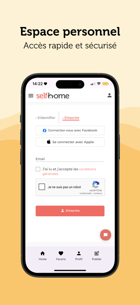 Selfhome.lu - Annonces Immo - Login and registration interface for the Selfhome real estate mobile app showing options for Facebook and Apple login.