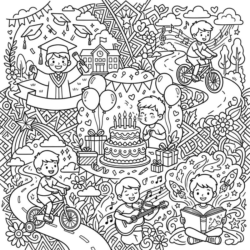Embark on a joyful coloring journey through the most cherished moments of childhood with this intricately designed template. From blowing out birthday candles to graduating and learning new skills, this page captures the magic of growing up.