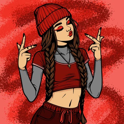 realistic teenage girl with braids and a beanie and crop top doing 🫶🏼