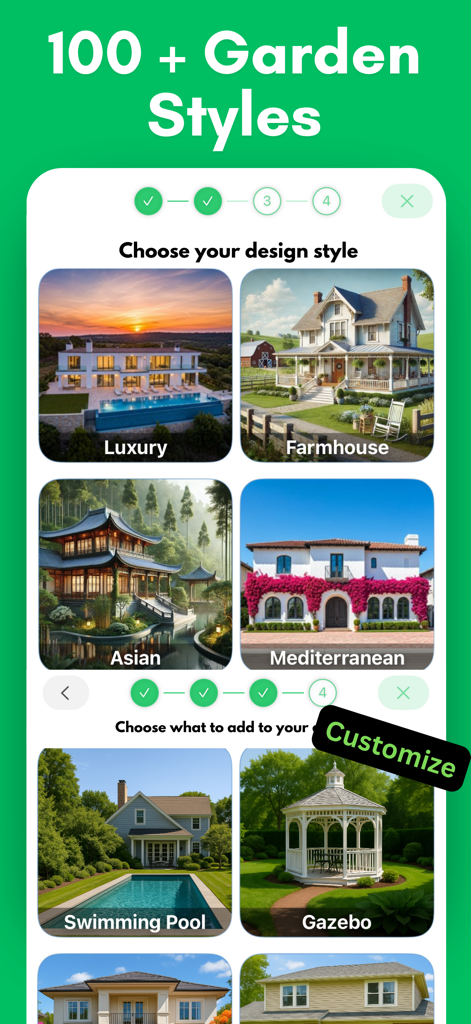 AI Garden Design: AI Landscape - A mobile interface showing various landscape styles and customization options like swimming pools and gazebos in the LND AI app