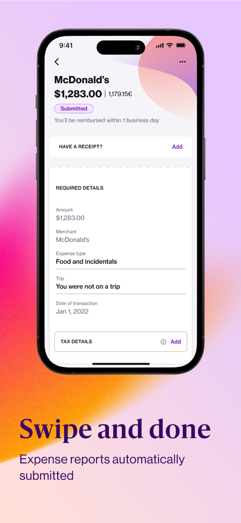 Navan - 「スワイプして完了」というテキストとともに、提出済みの経費報告書のNavanアプリインターフェースを表示しているスマートフォンの画面