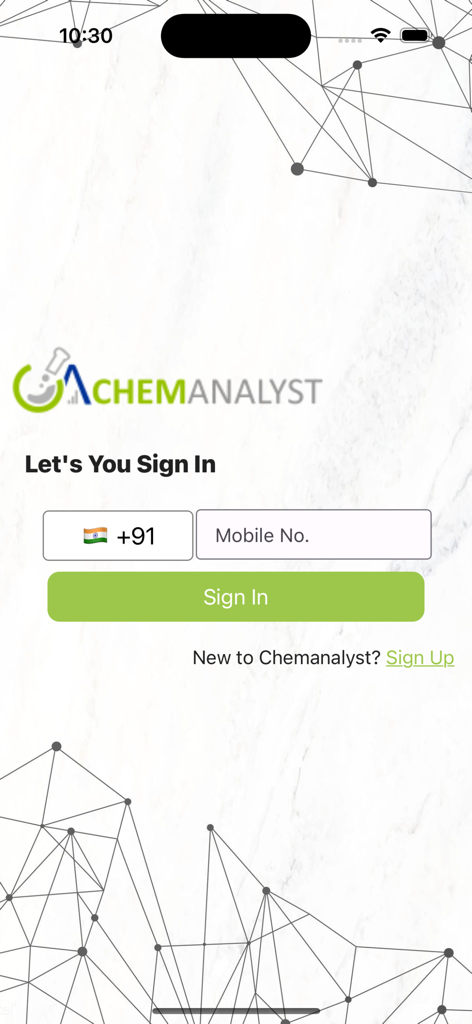 ChemAnalystモバイルアプリのサインイン画面、携帯電話番号入力フィールド付き