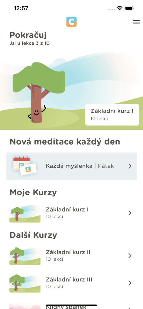 Calmio - The Calmio app home screen displaying daily meditation sessions and a list of science-backed mindfulness courses.