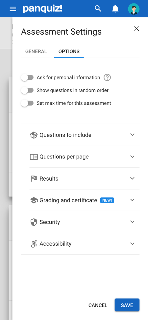 PanQuiz! - PanQuiz app assessment settings screen showing quiz customization options and security features
