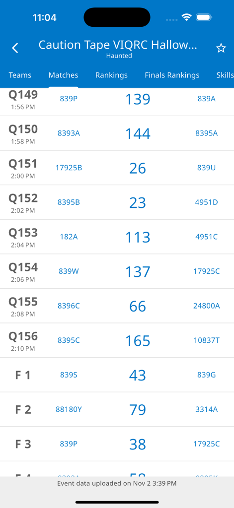 VEX via - VEX via app screen showing robotics competition match scores and team lists.