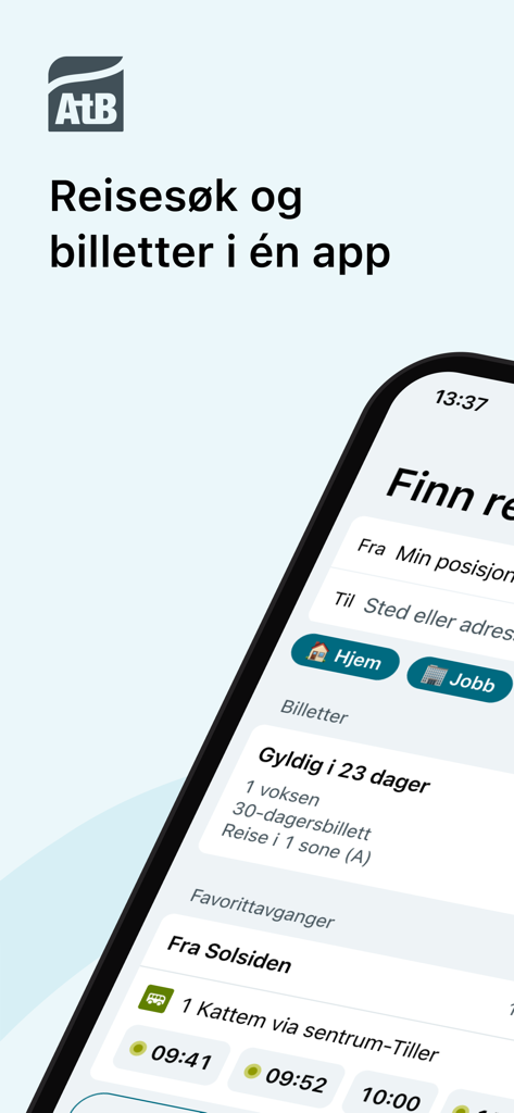 AtB mobile app screen displaying journey planner and digital bus tickets for Trondheim