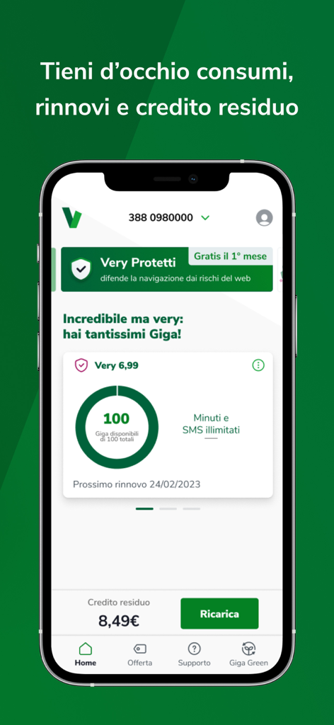 Very Mobile - Schermata principale dell'app Very Mobile che mostra il saldo di utilizzo dati e il credito residuo su uno smartphone