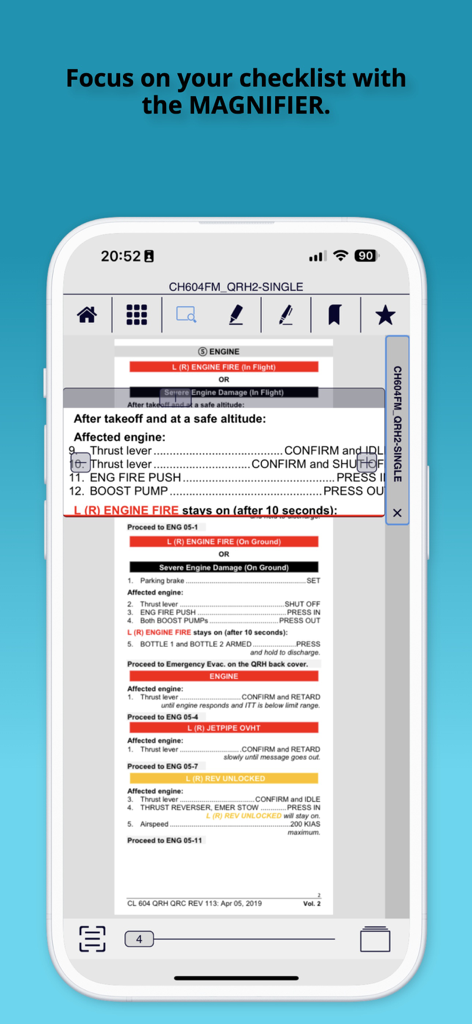 Aplicación Bombardier Flight Deck 3 que muestra una herramienta de lupa digital resaltando una lista de verificación de vuelo para pilotos