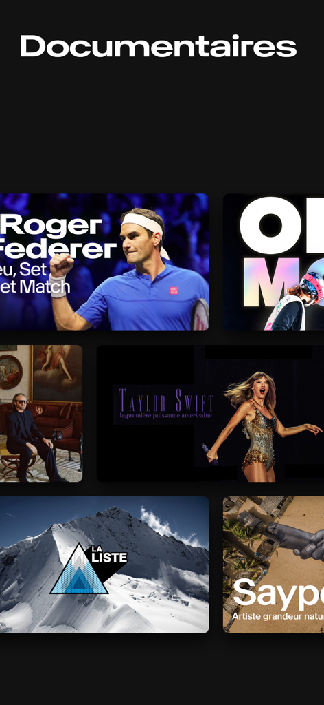 Play RTS : Streaming & replay - A grid of documentary thumbnails on the Play RTS app featuring Roger Federer and Taylor Swift