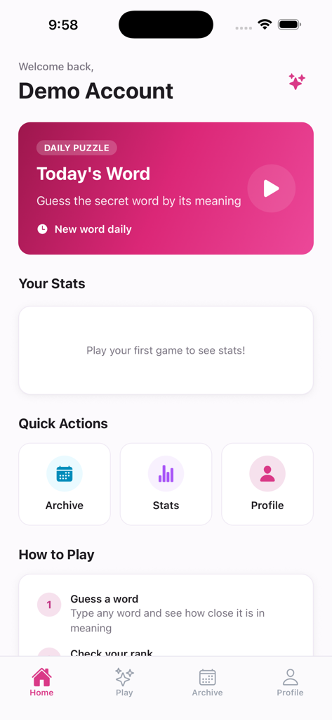 Semantix - Guess the Word - Semantix app home screen showing the daily word puzzle and player stats