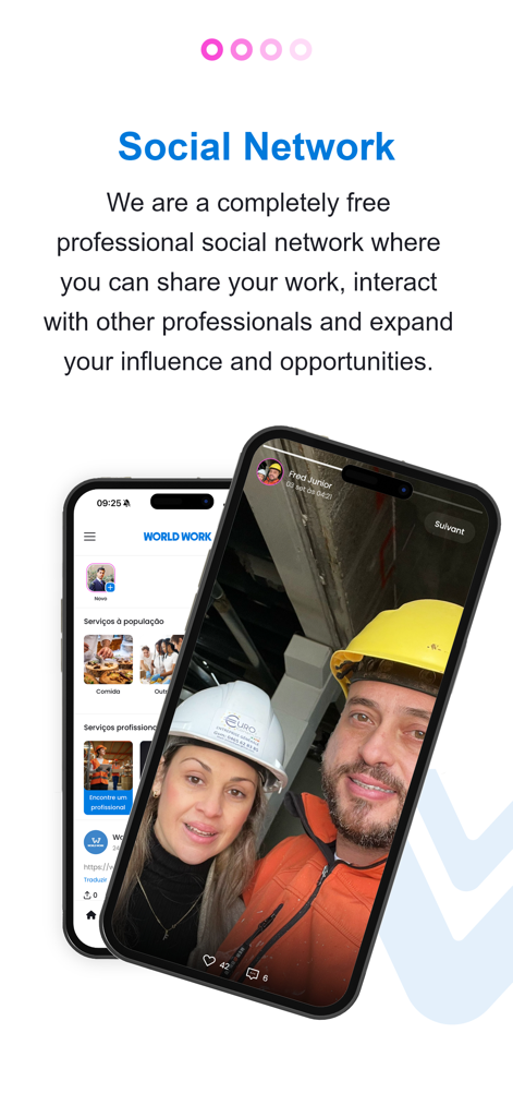 Interfaz de la aplicación World Work con una red social profesional para compartir trabajo y encontrar servicios locales