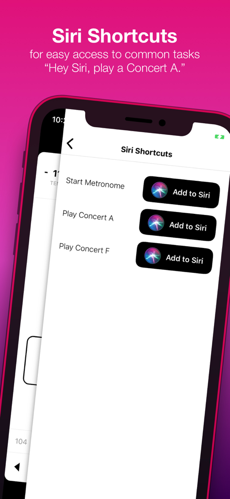 Tunable App Siri Shortcuts-Bildschirm, der Sprachbefehlsoptionen für das Metronom und Konzerttöne zeigt