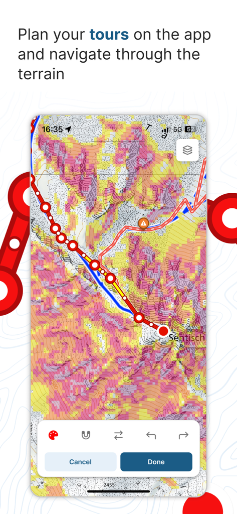 White Risk mobile app interface displaying a topographic map with a planned backcountry route and slope angle heat map.