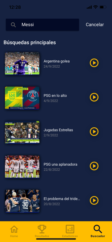 Tigo Sports Guatemala - Tigo Sports Guatemala app search interface showing soccer video highlights for Messi