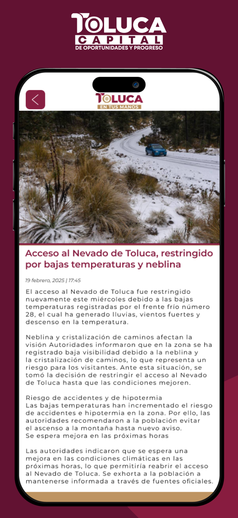 Toluca en tus manos - News article in the Toluca en tus manos app reporting restricted access to Nevado de Toluca due to cold temperatures and fog