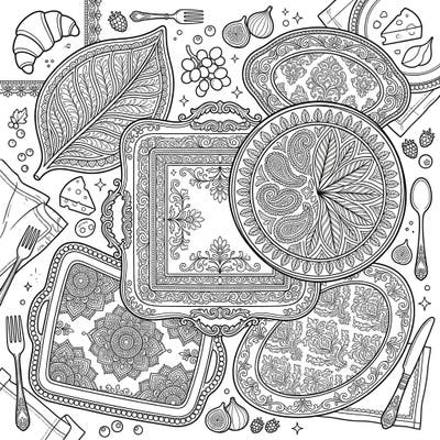 Dive into a world of sophisticated dining with this exquisite coloring page featuring beautifully detailed serving platters and trays. Discover intricate patterns and delightful food elements, ready for your creative touch.
