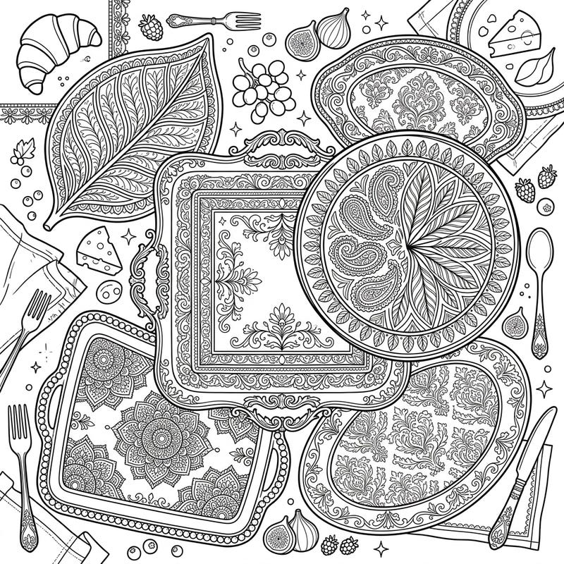Dive into a world of sophisticated dining with this exquisite coloring page featuring beautifully detailed serving platters and trays. Discover intricate patterns and delightful food elements, ready for your creative touch.