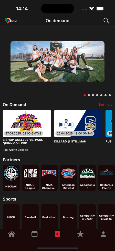 Urban Edge Network | UEN - Urban Edge Network app interface showing on demand sports content and conference partners