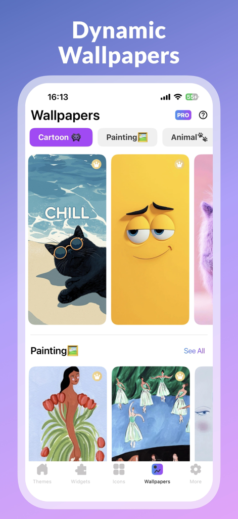 Mixy-Themes, Lock Widget - Una schermata dell'app Mixy che mostra vari sfondi dinamici estetici in categorie come cartone animato e pittura