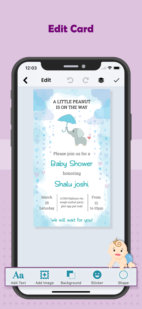 Baby shower invitation editing screen with an elephant template and design tools