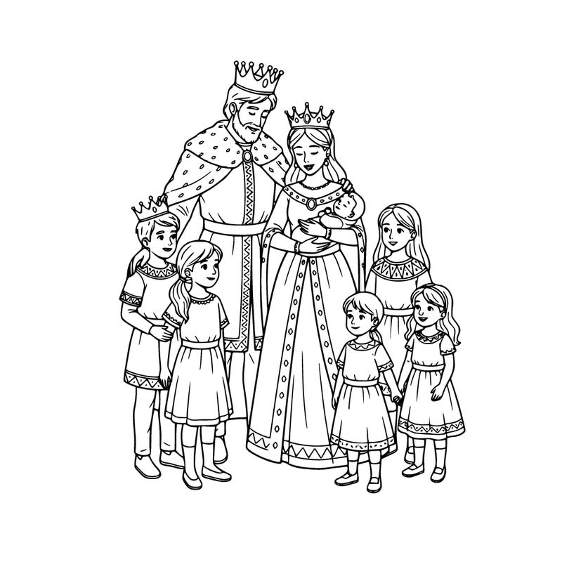 a king and queen with 5 kids and in a  group and a baby in the queen hand