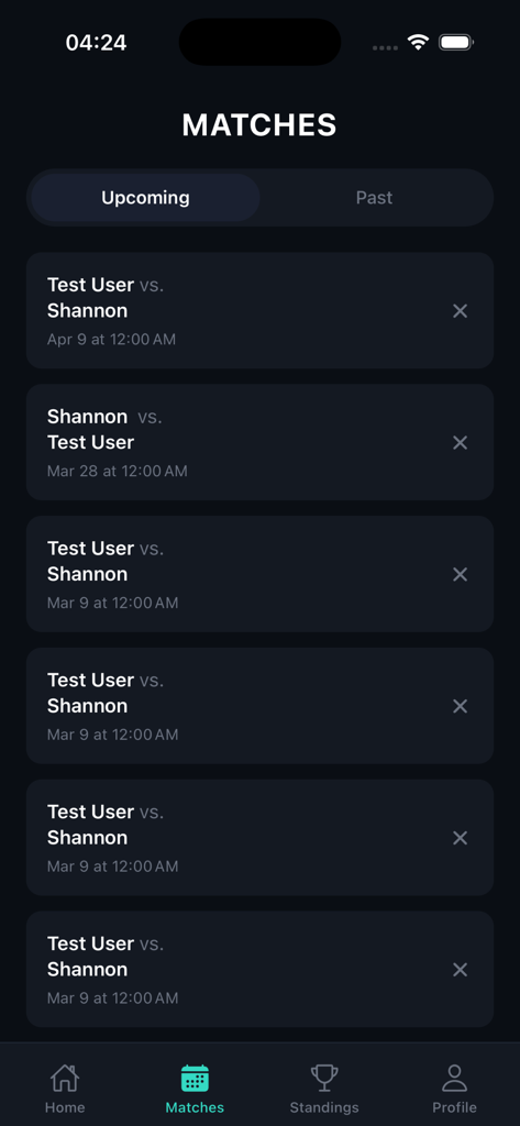 Mobile app screen showing a list of upcoming snooker matches with player names and scheduled dates