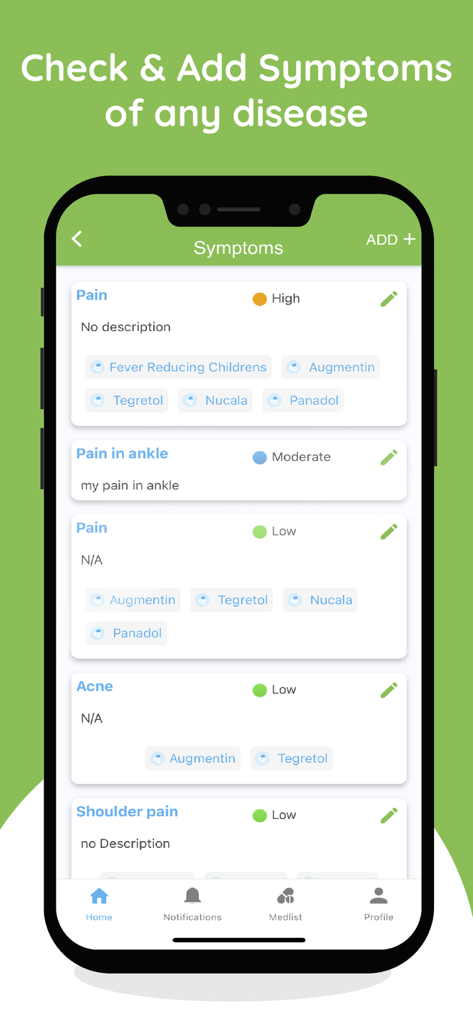 MedSearch app screen showing a list of tracked symptoms like pain and acne with severity levels.
