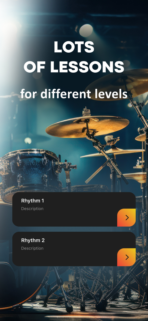 Rhythm Trainer - Ear Training - Rhythm Trainer app screen showing multiple lesson levels with a professional drum set background
