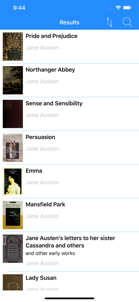 OpenLibrary Browser - Elenco dei risultati di ricerca per i libri di Jane Austen nell'app Browser OpenLibrary