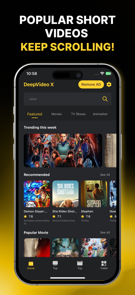 DeepVideo X app home screen featuring trending movies and anime recommendations