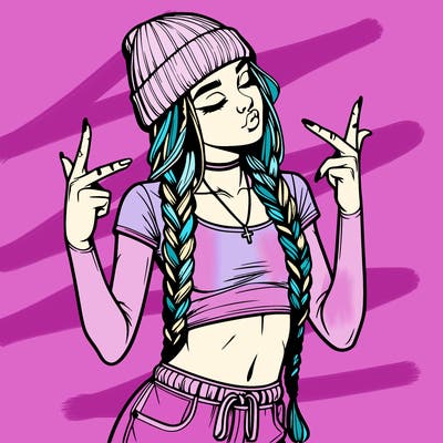 realistic teenage girl with braids and a beanie and crop top doing 🫶🏼
