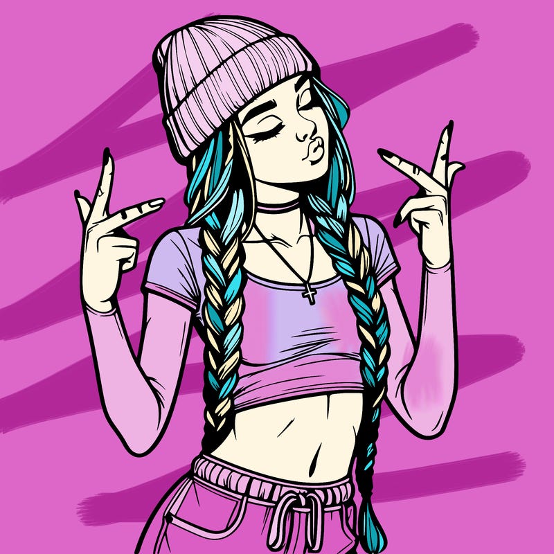 realistic teenage girl with braids and a beanie and crop top doing 🫶🏼